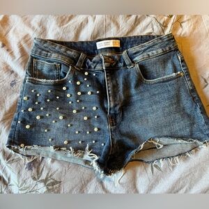 Zara Pearl Denim Shorts in Mid-Blue
